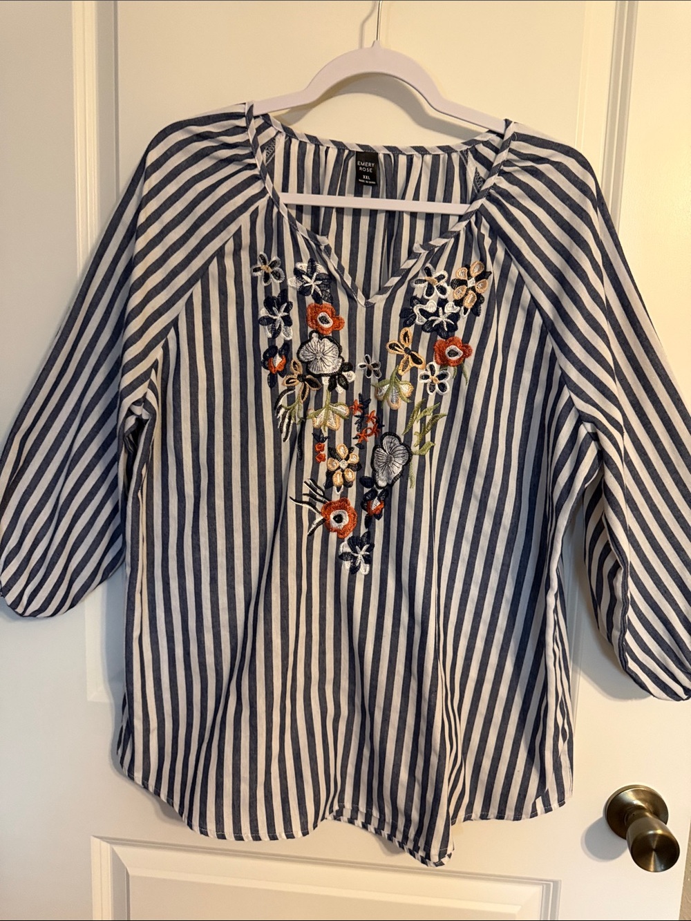 SHEIN Navy and White Striped Embroidered V-Neck Blouse